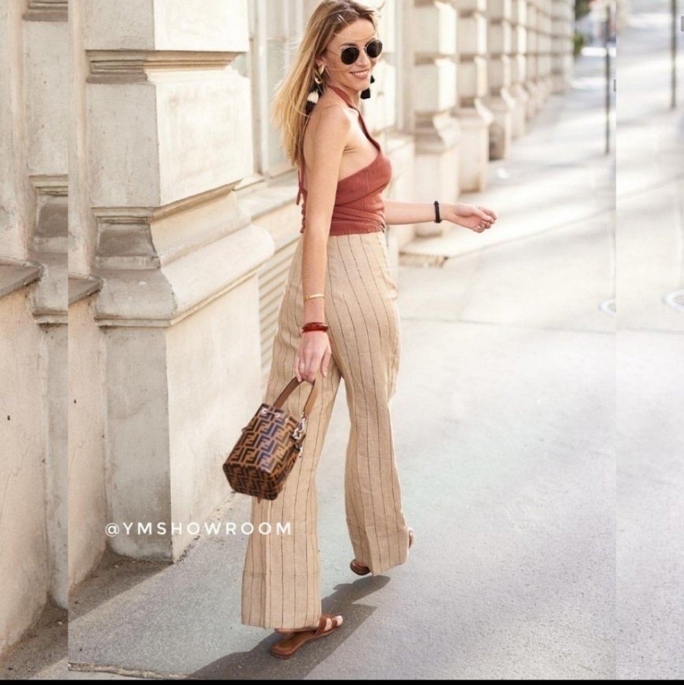 Zara super hi rise linen wide leg pinstripe pants